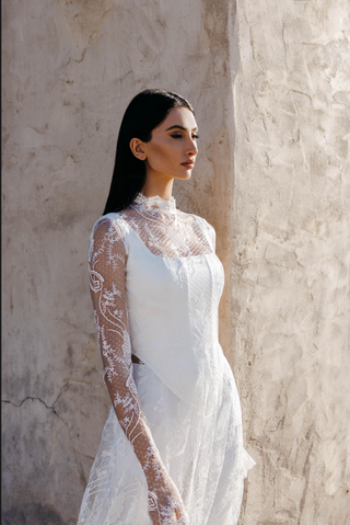 Eva ivory scalloped lace gown with satin column dress