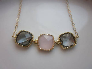 Charcoal Gray Pink Opal Gold Plated Necklace